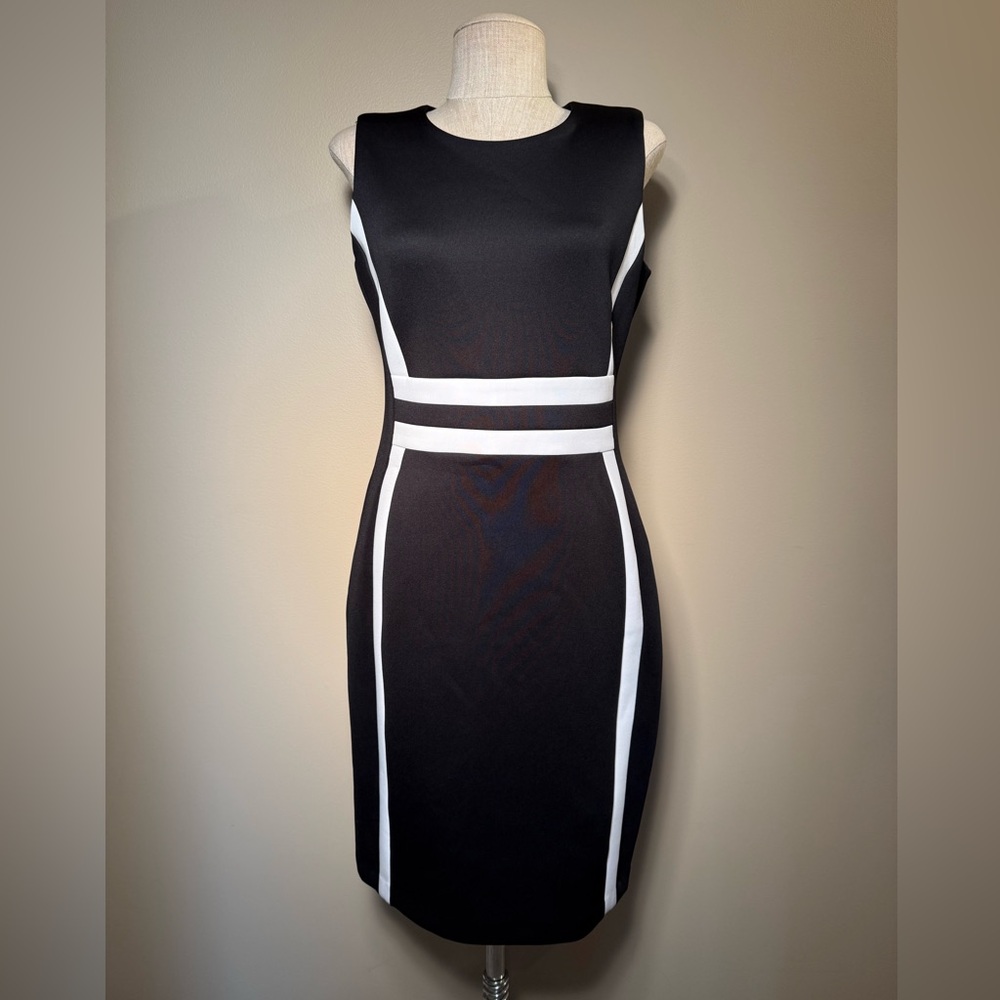 NWT Calvin Klein Valeria Scuba Colorblock Sheath Dress Black White Size 8 - Picture 2 of 9
